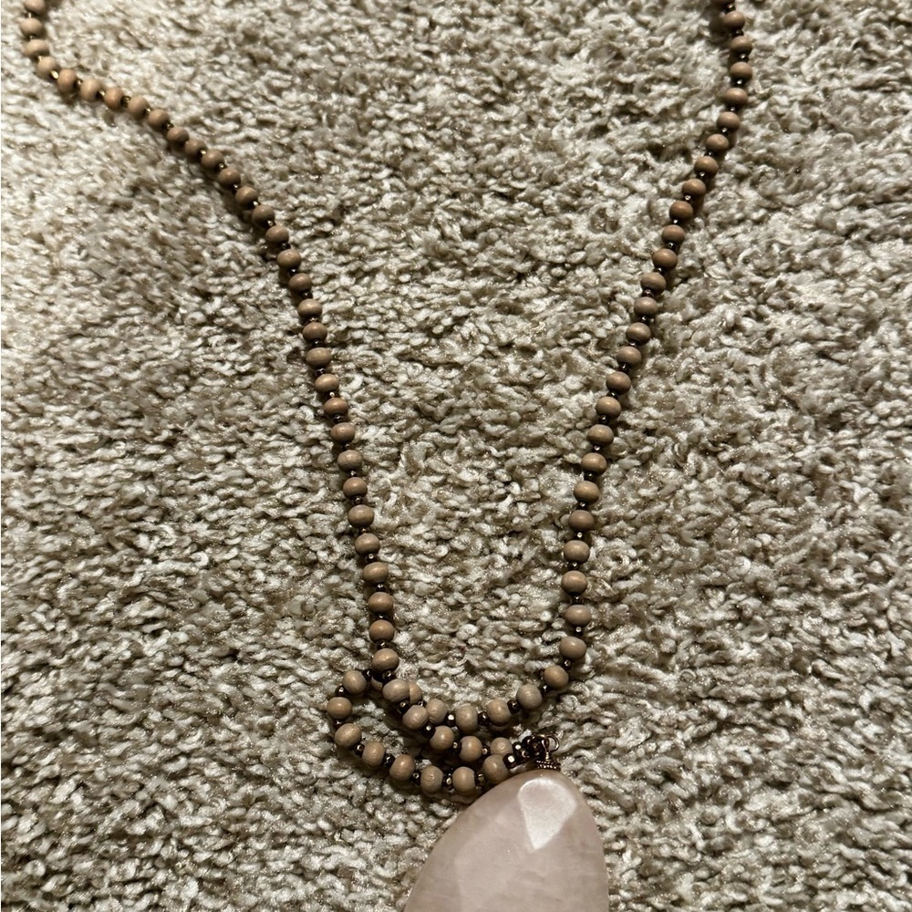 Natural Stone Pendant Necklace with Taupe Beaded Chain – Boho Neutral Statement - Picture 4 of 5